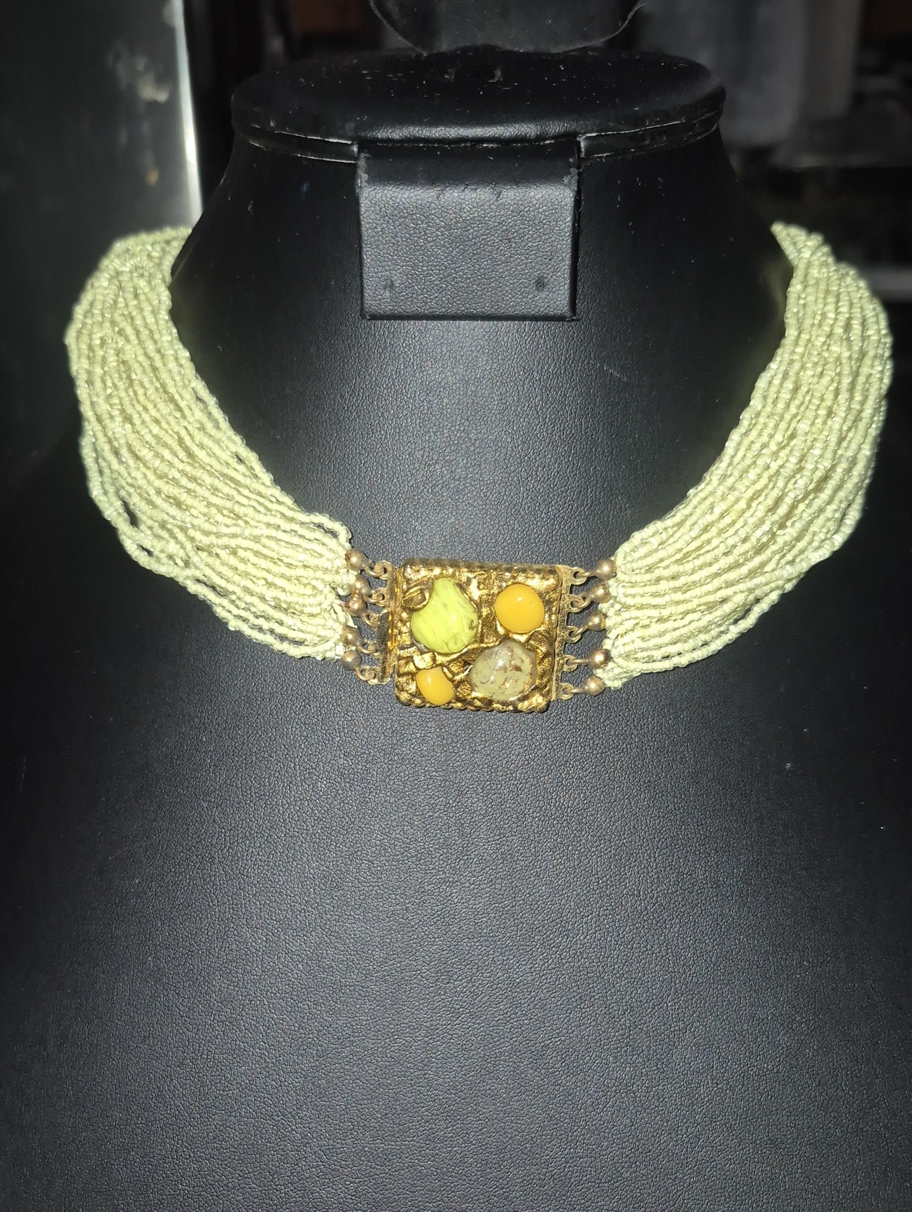 Vintage Glass Sea Beaded Yellow Multi-Strand Torsade Choker Gold Box Claps